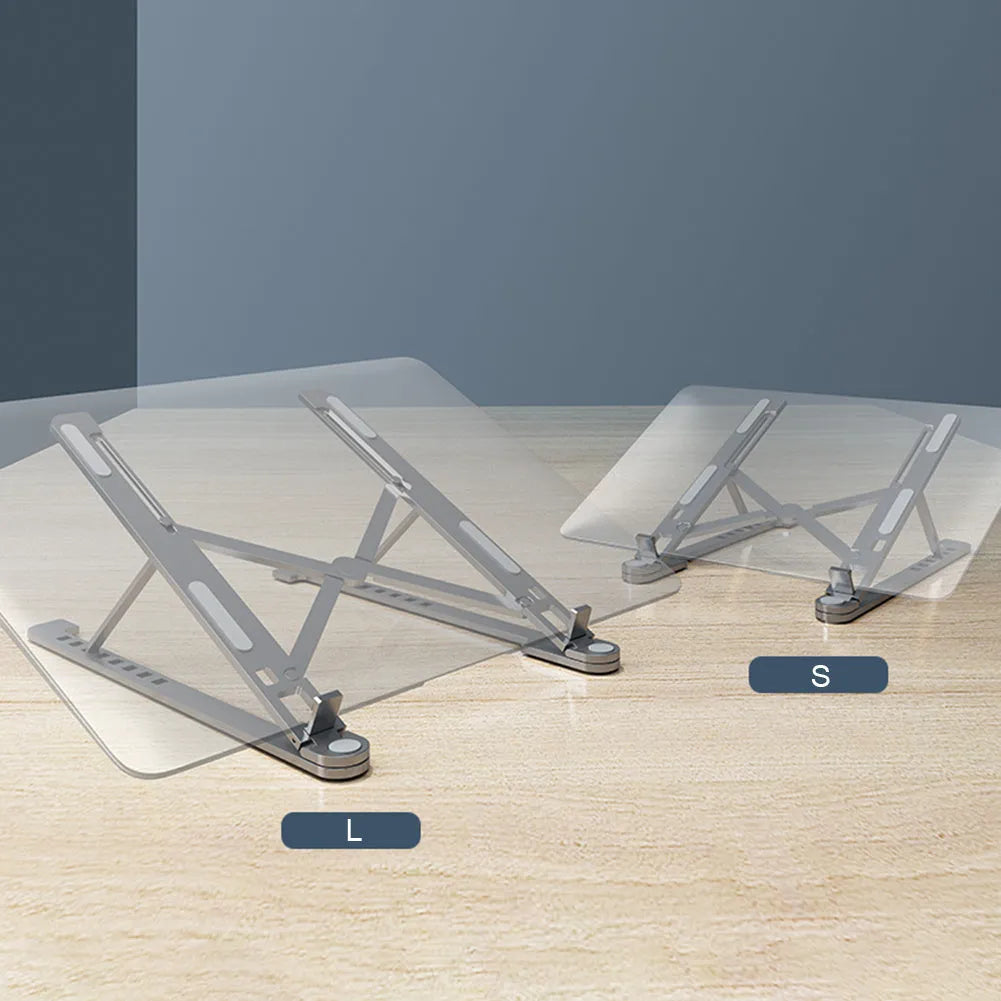 Portable aluminium laptop stand folded flat next to an open laptop showing its adjustable height.