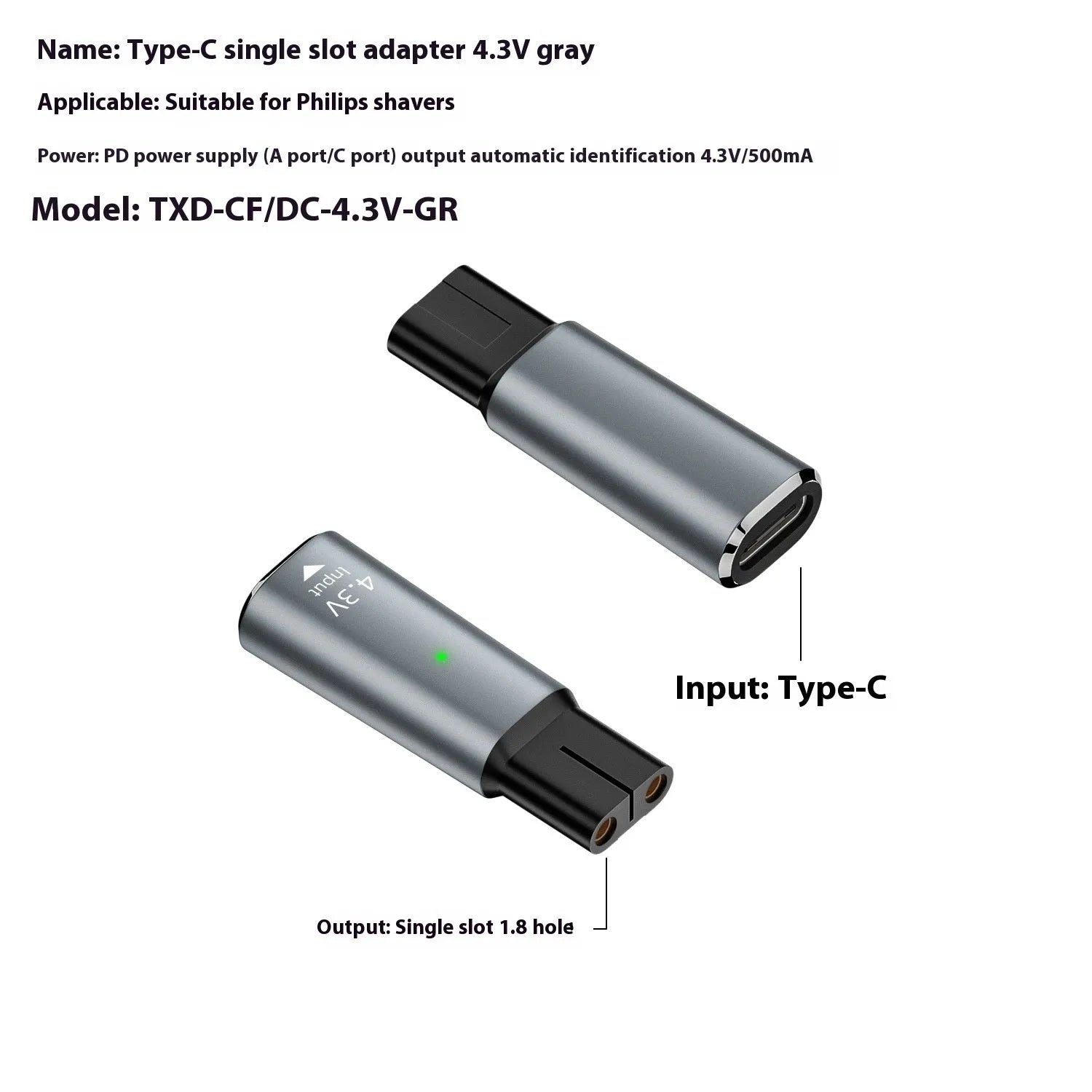 Black or grey aluminium alloy USB-C charging adapter for 4.3V electric shavers and clippers
