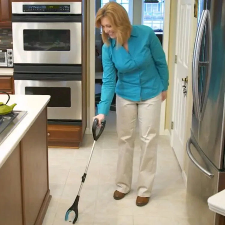 Blue telescopic folding walking stick shown extended and collapsed to 13cm, with TPR handle.