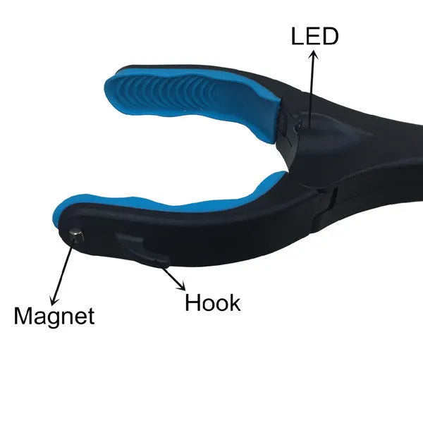 Blue telescopic folding walking stick shown extended and collapsed to 13cm, with TPR handle.
