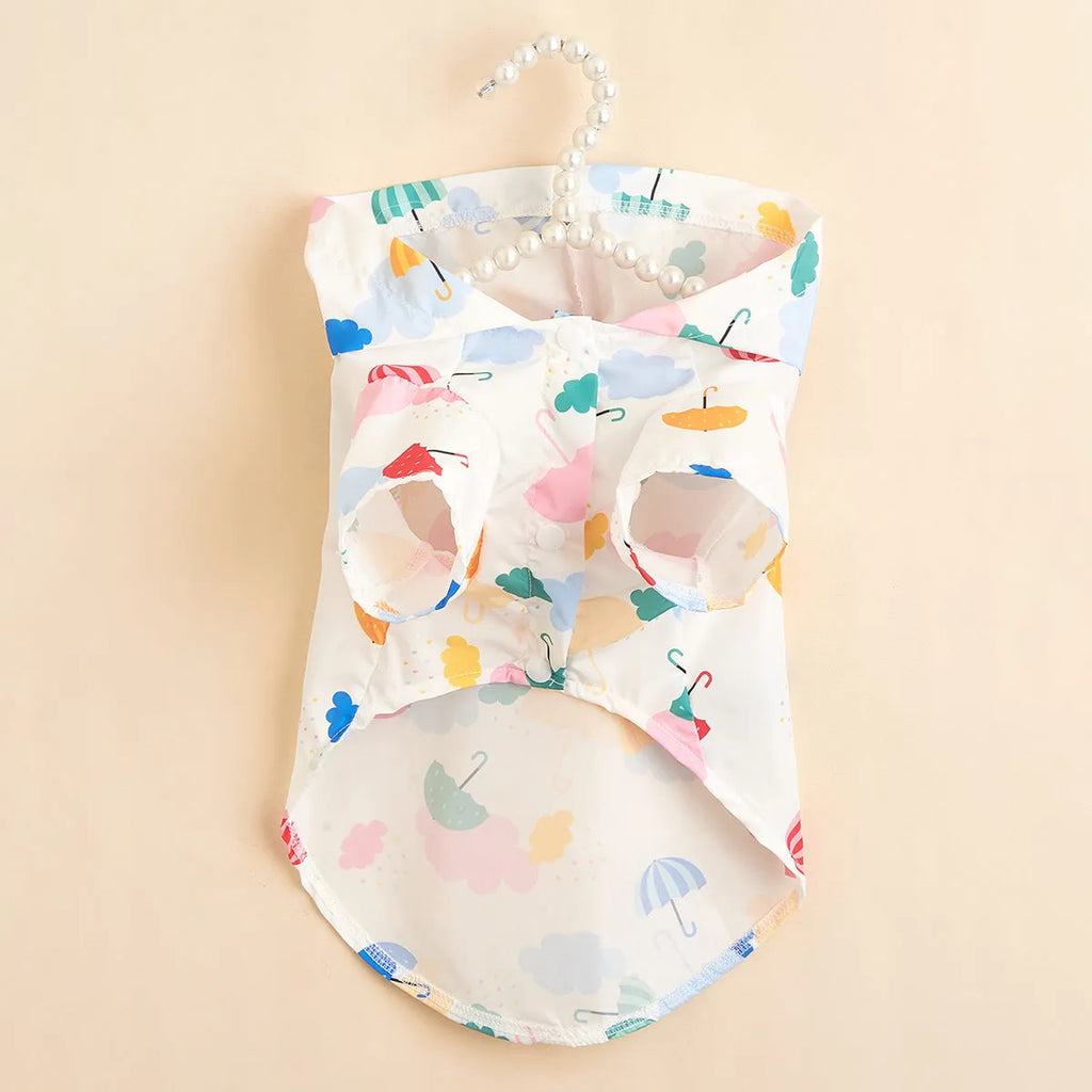Colourful cartoon umbrella pattern dog raincoat or cat jacket in polyester.