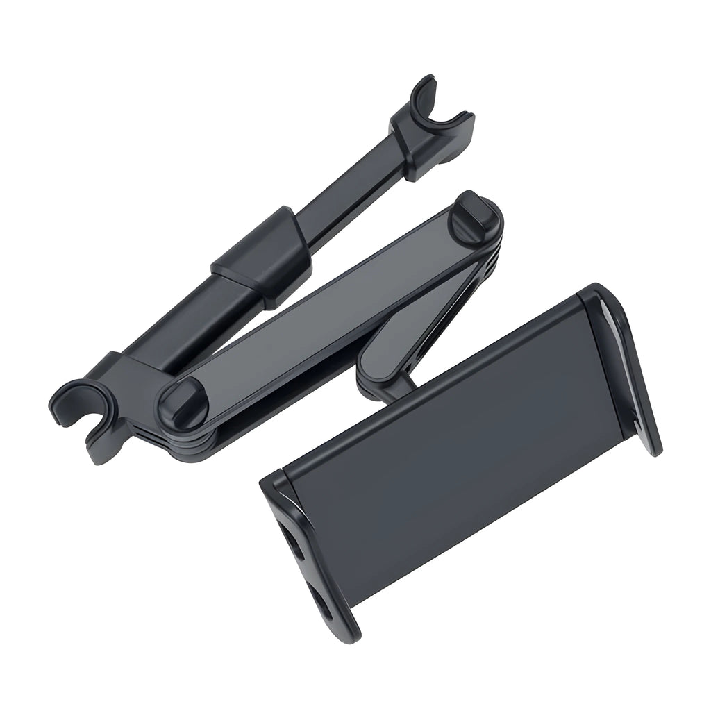 Black universal car phone holder mounted on vehicle rear seat with tablet in snap-in mechanism