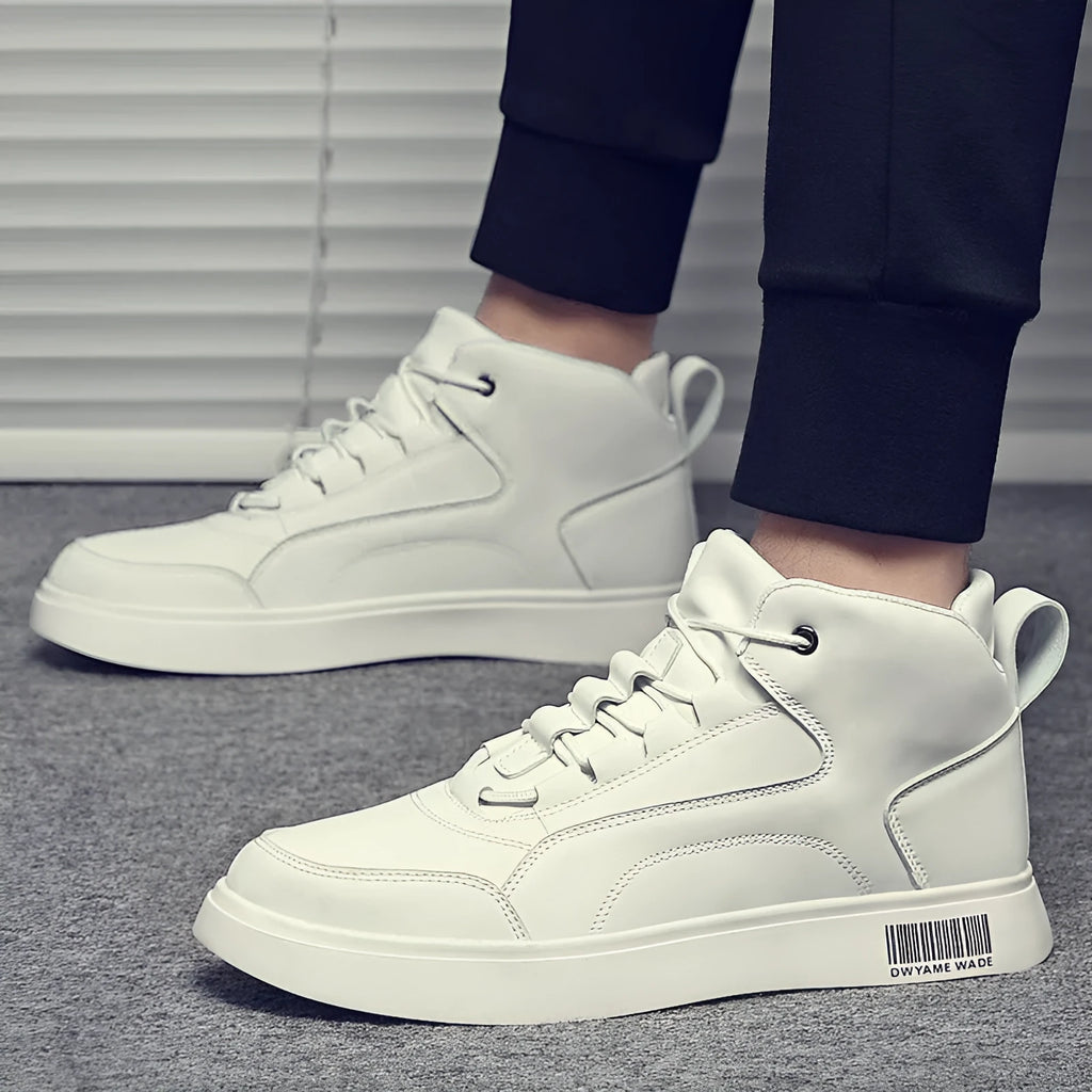 Men's white mid-top casual sports shoes with a rubber sole and lace-up front.