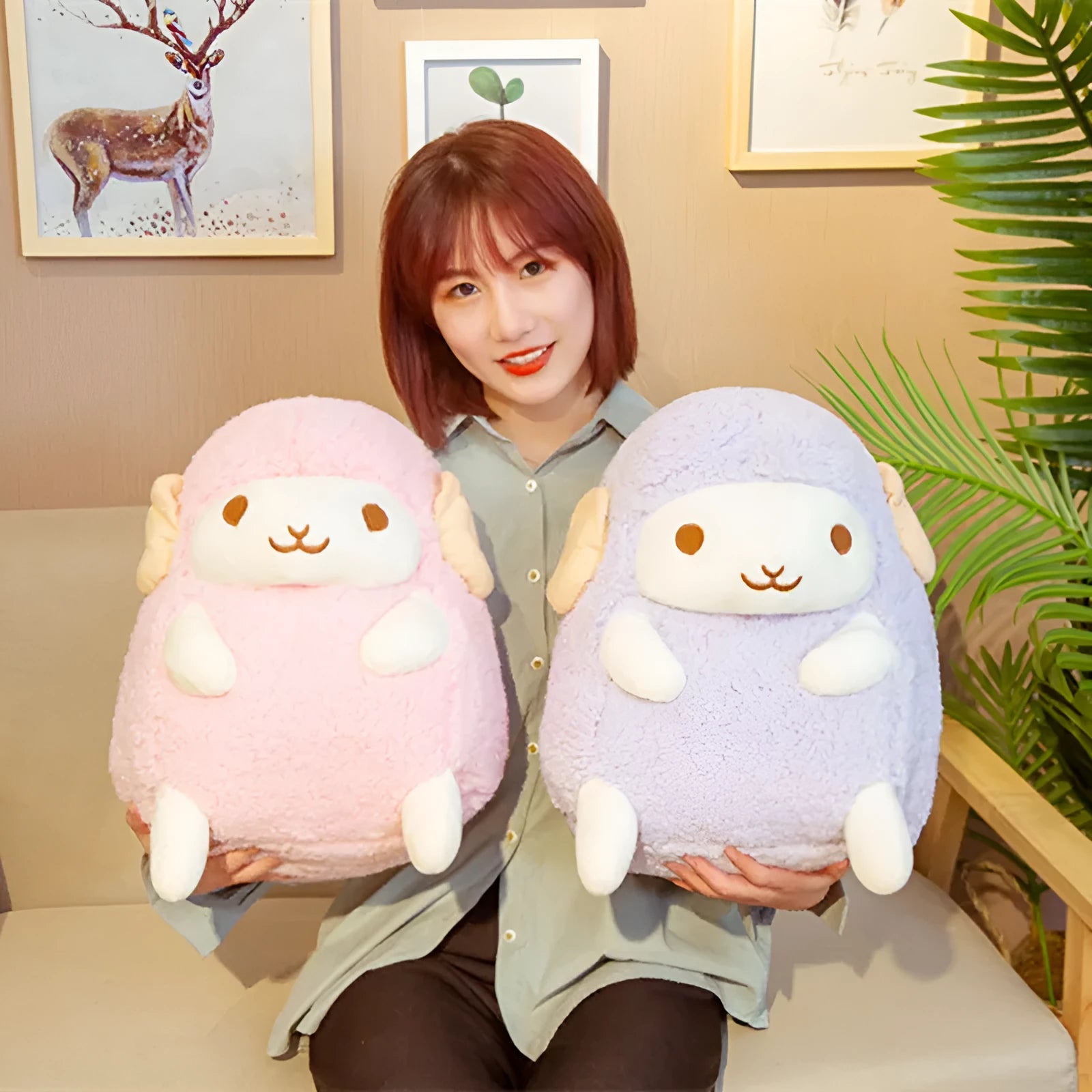 Cute sitting little sheep doll plush toy in pink, super soft short plush, 30cm height
