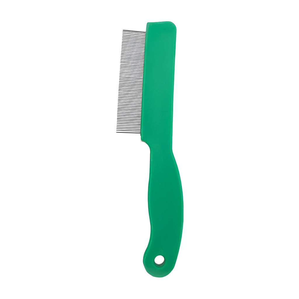Green plastic handle flea comb with stainless steel pins for dog and cat grooming