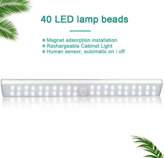 Rechargeable motion sensor LED strip light in 24, 40, and 60 bead sizes.