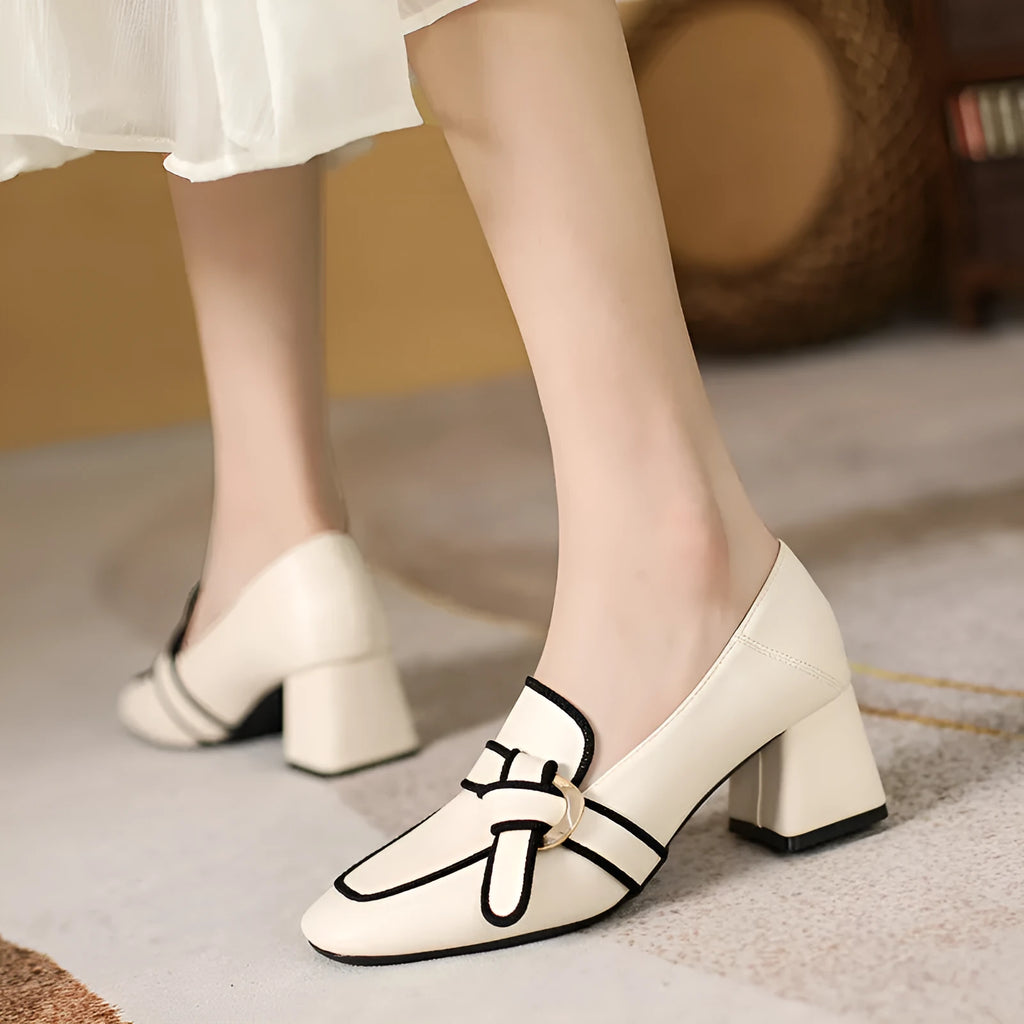 Women's slip-on loafers in apricot with smooth synthetic PU upper, bow design, square toe, and mid heel