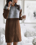 Brown women's loose long sleeve dress with patchwork detail and princess skirt silhouette.