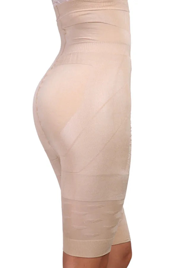 Black seamless high-waist shapewear shorts for women laid flat.