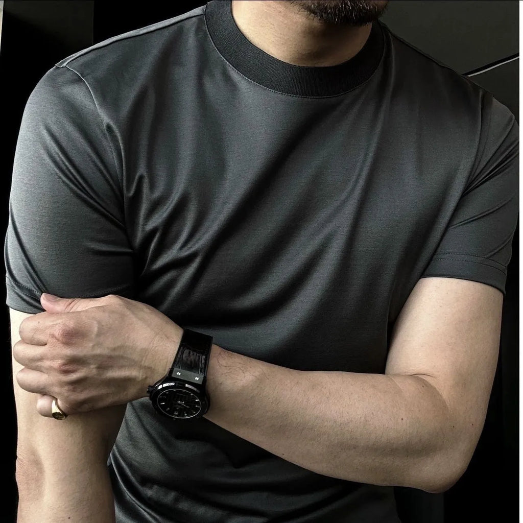 Ice silk soft breathable round neck short sleeve T-shirt in black front view on model