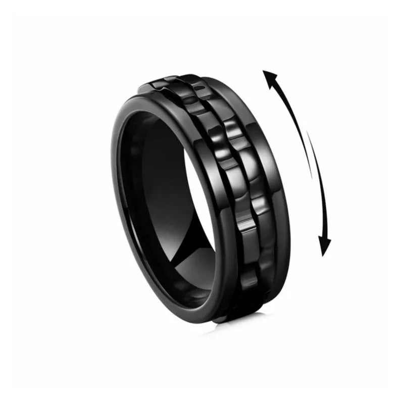 Titanium spinner square texture ring with rotating gear band, high polished finish, black colour option