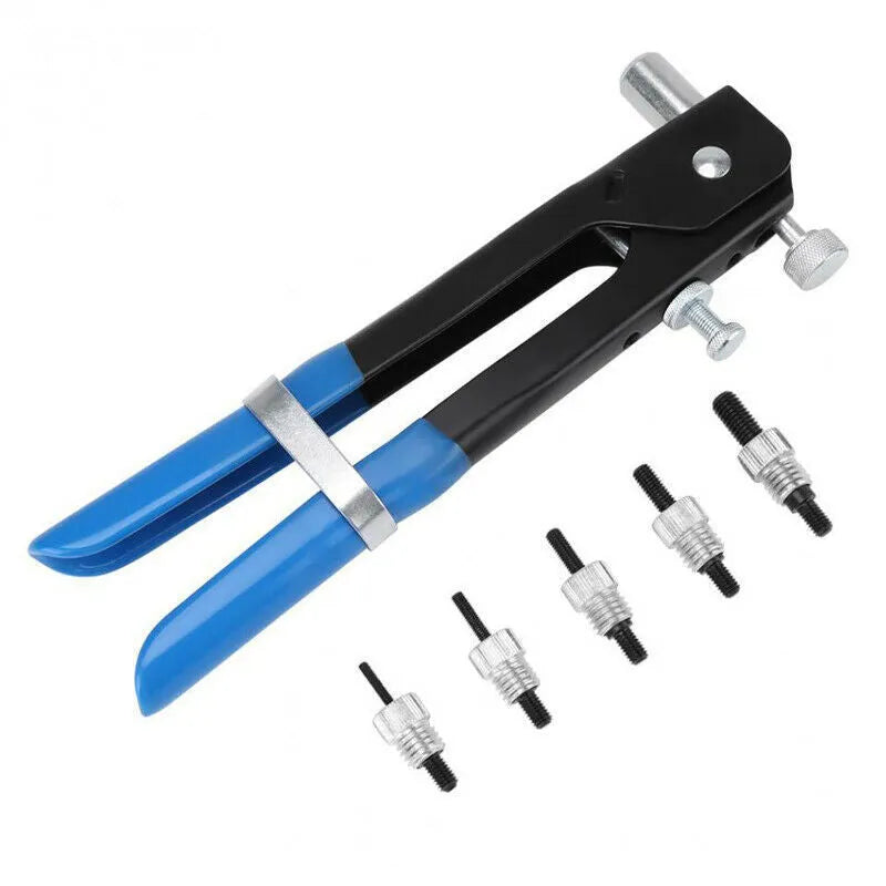 Manual riveter nut set with alloy steel construction including riveter gun and threaded rivet nuts