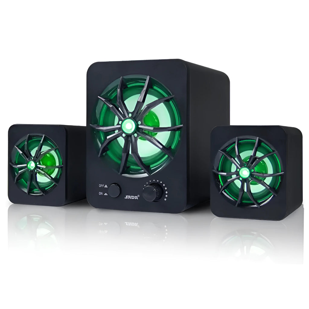 Green USB computer speaker with colourful glowing lights showing USB and audio jack ports