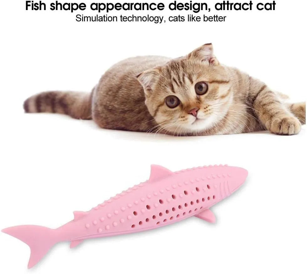 Silicone fish-shaped cat chew toy with side holes for catnip scent release in green colour