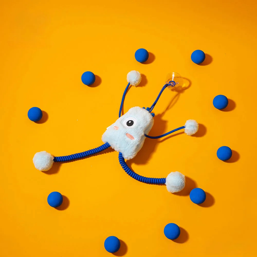Blue plush ring cat toy with mint bell on an elastic rope