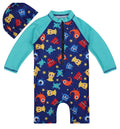 Children's one-piece swimsuit in striped shark pattern, available in sizes 2-10 yards, made from polyester-oxygen blend