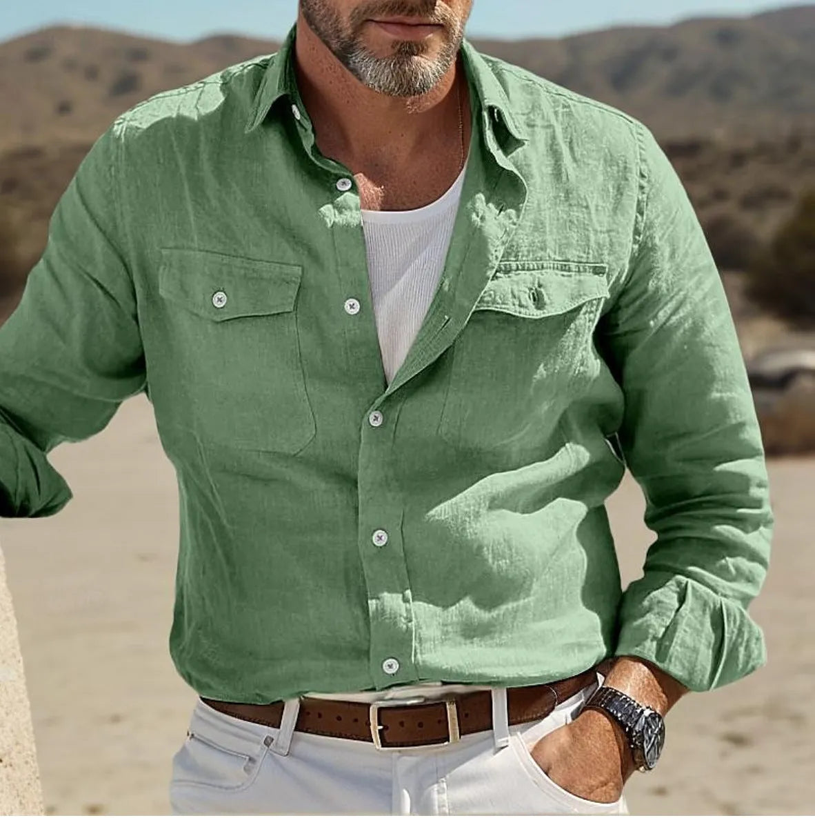 Men's loose fitting cotton linen summer shirt in solid colour with long sleeves