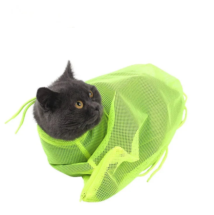 Soft polyester mesh cat grooming bag with front zipper, lightweight design, available in blue, orange, pink, rose red, yellow