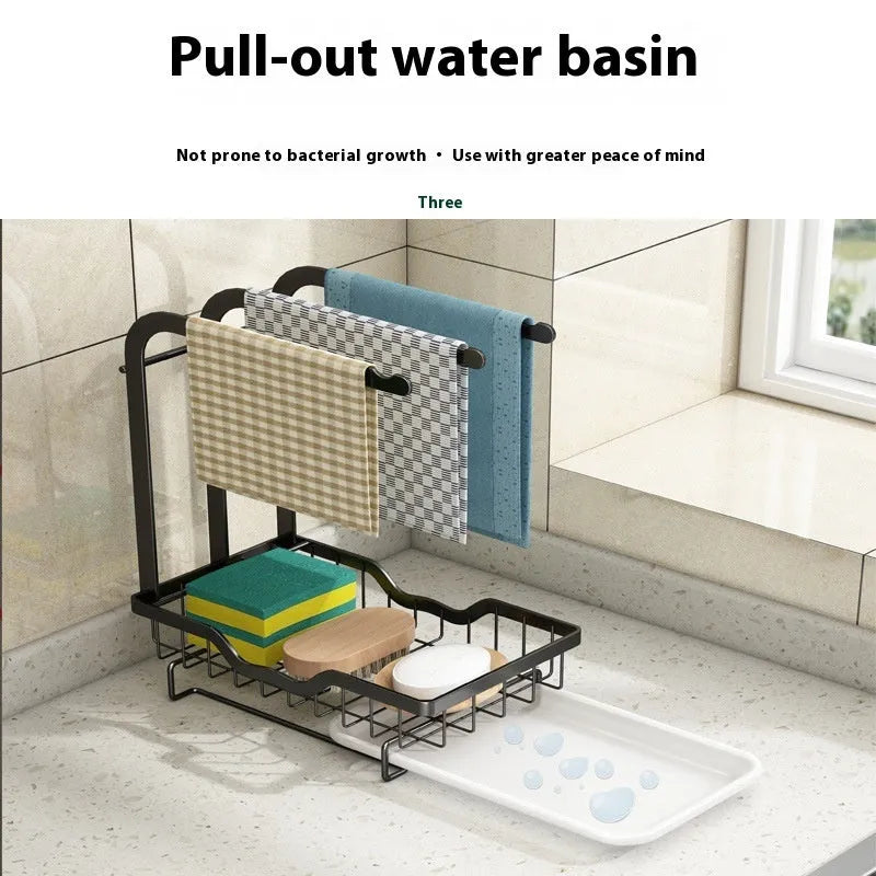 Foldable plastic kitchen storage rack for rags in a new Chinese style, shown in wall-mounted and tabletop use.