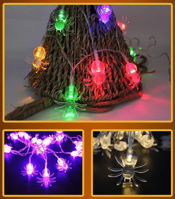 Halloween LED string lights with pumpkin, ghost, bat and spider pendants on a 1.2 metre battery-powered string