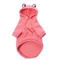 Green frog pattern hoodie for a small dog, showing hood with pointed ears and front pocket.