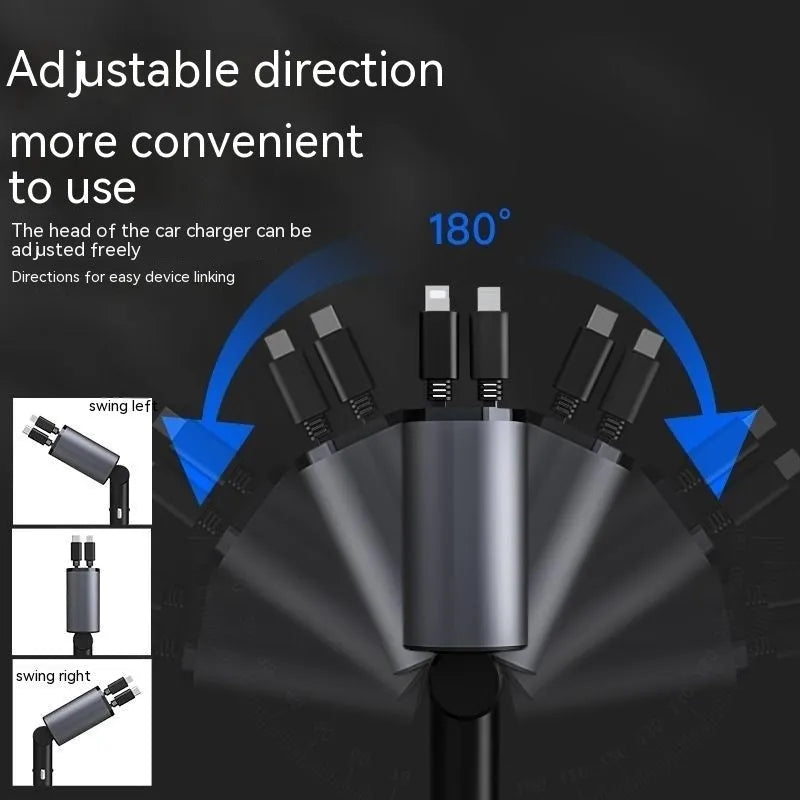Car USB charger with retractable cable and four charging ports for multiple devices