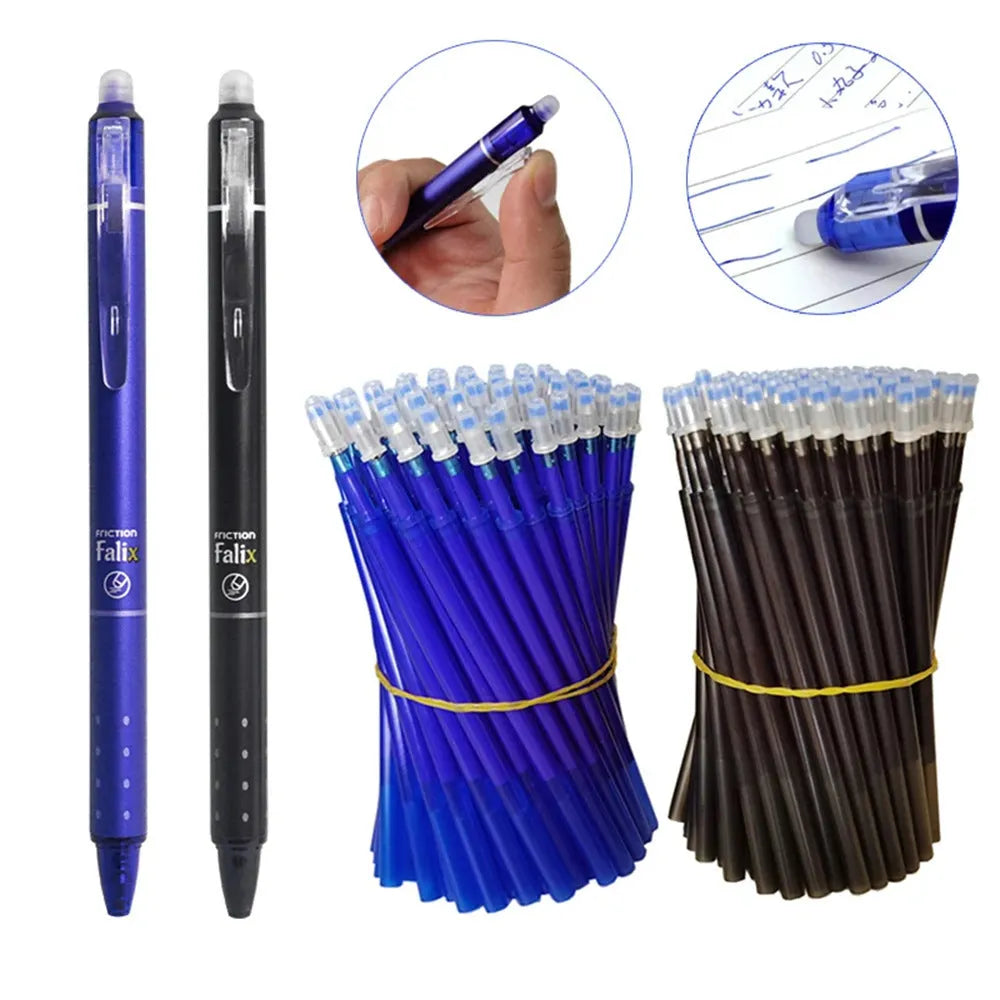 Blue and black erasable push gel pen with 0.5mm stainless steel nib for school use