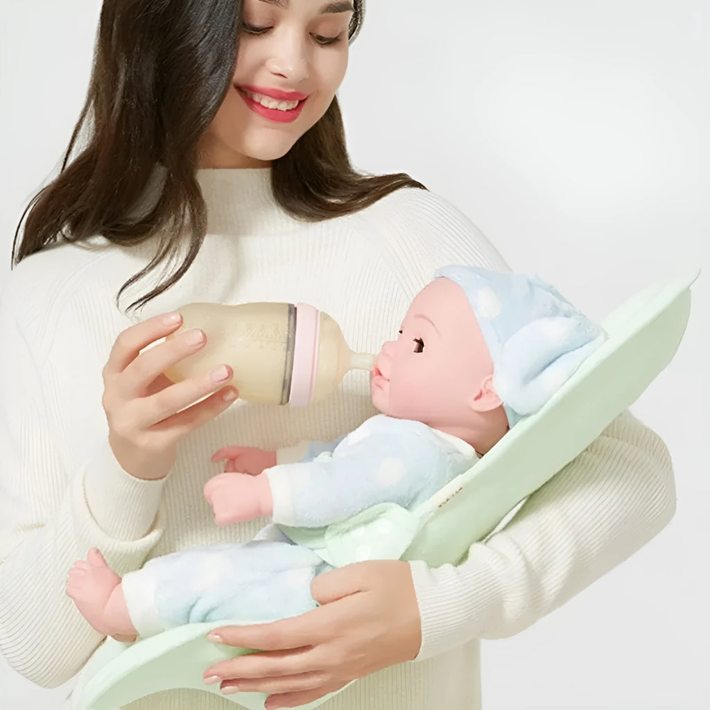 Beige cross-shaped breastfeeding pillow with high-elastic EVA filler on a white background