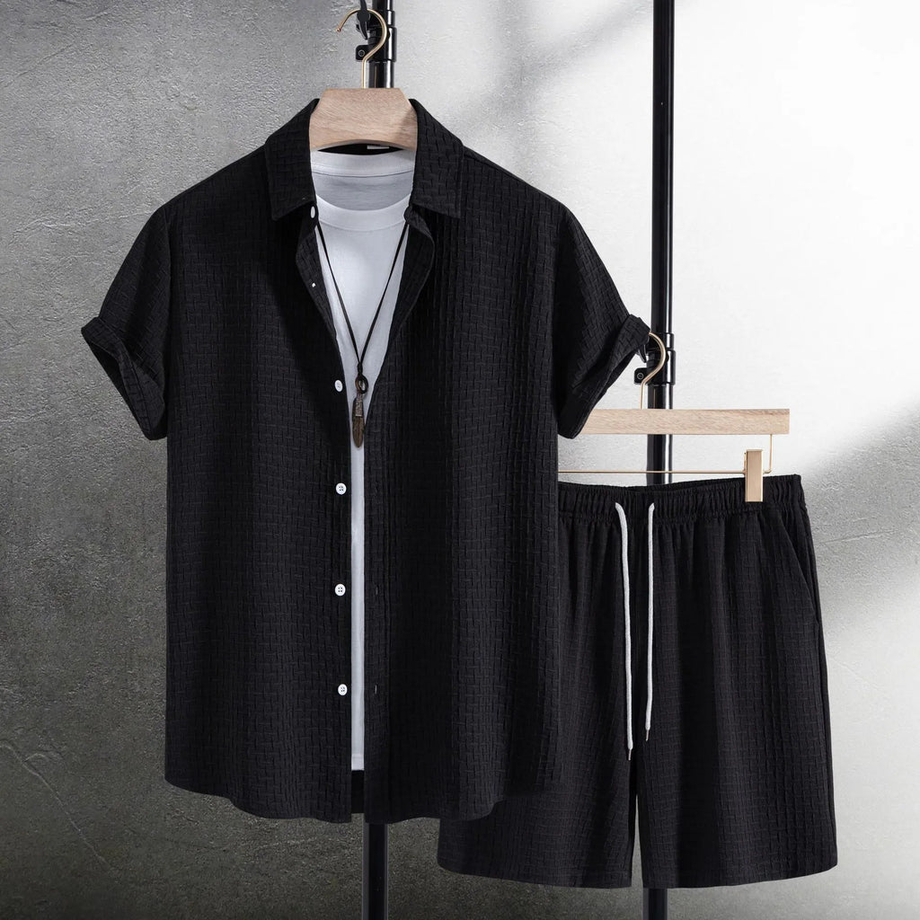 Men's black cotton blend shirt and shorts casual set laid flat