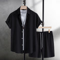 Men's black cotton blend shirt and shorts casual set laid flat