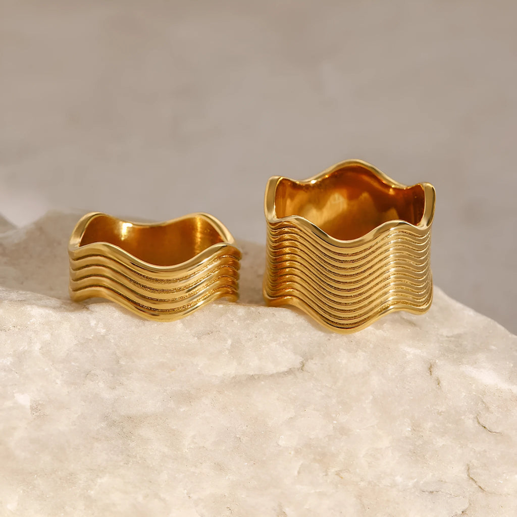Stainless steel geometric wave ring with wide surface design