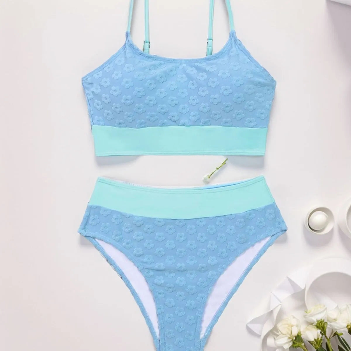 Women's colour matching bikini swimsuit in solid blue high waist backless polyester for swimming sports