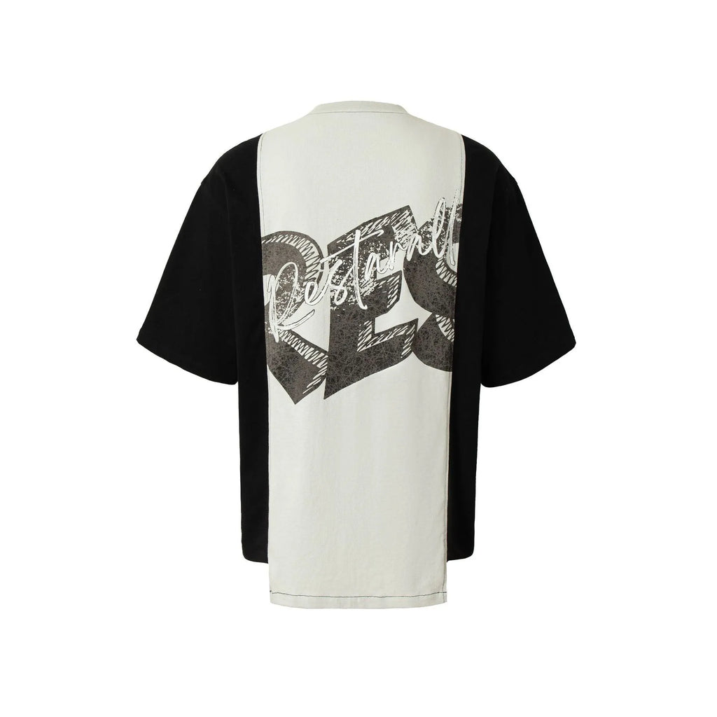 Men's black and white deconstruction collage print loose fit cotton blend T-shirt short sleeve streetwear