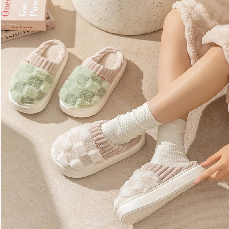 Women's plaid pattern plush slippers with a non-slip PVC sole, shown in a choice of colours.