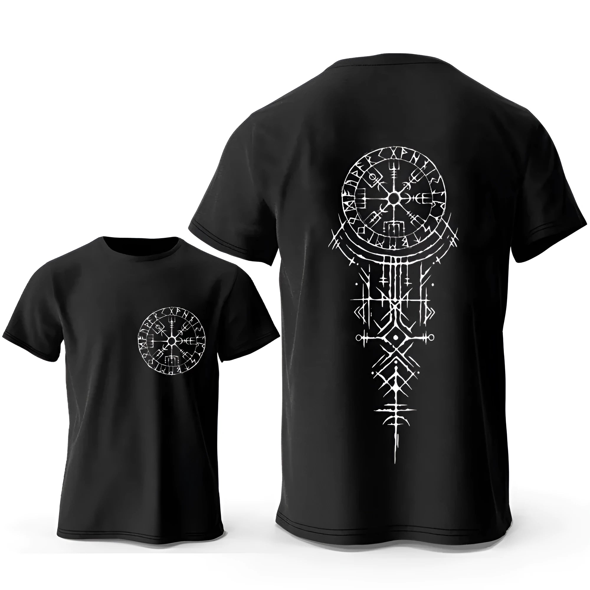 Man wearing a grey t-shirt with a printed Viking rune compass design on the chest.