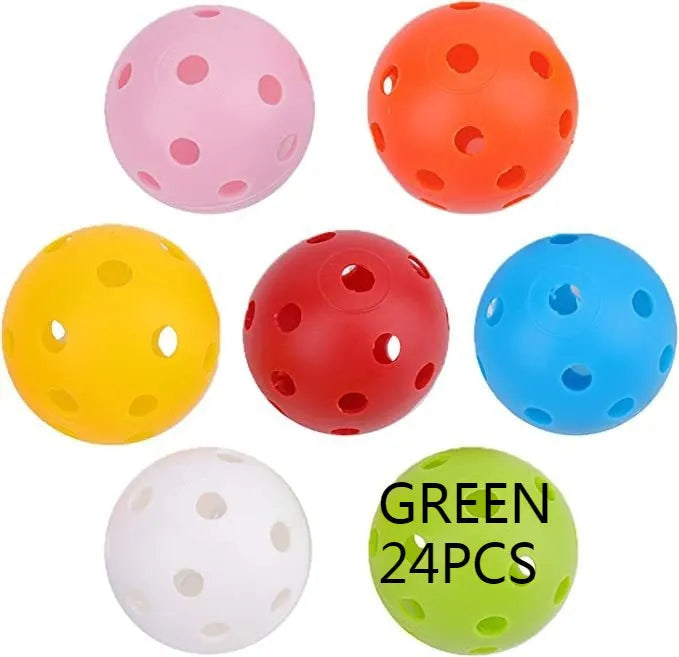 Multi-coloured golf practice balls in net storage pocket for putting training