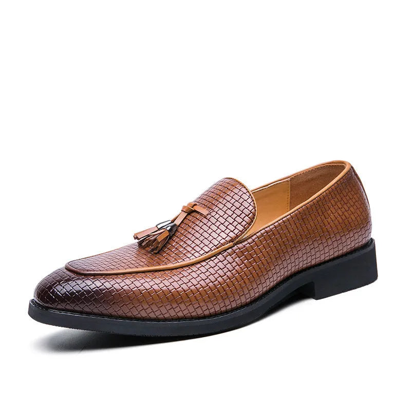 Men's black slip-on business shoes with pointed toe and tassel detail