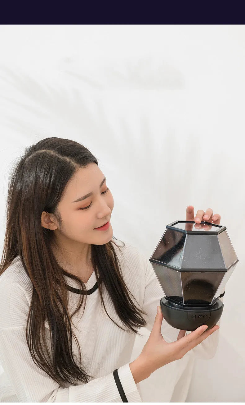 Children's rotating stars LED night light projecting three colour patterns on bedroom ceiling