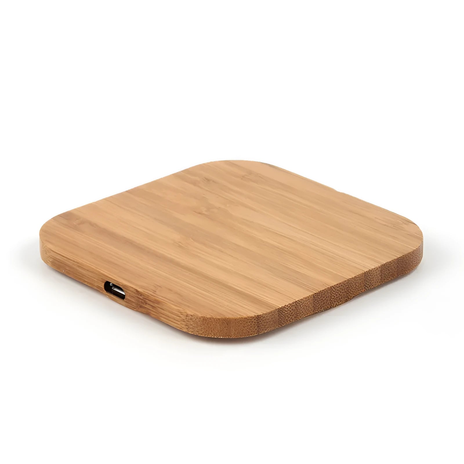 Square wooden bamboo wireless charging pad showing 92mm dimensions with Qi charging indicator light