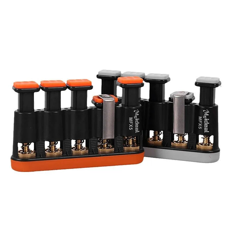 Grey and orange silicone finger strength trainer for musicians and climbers.