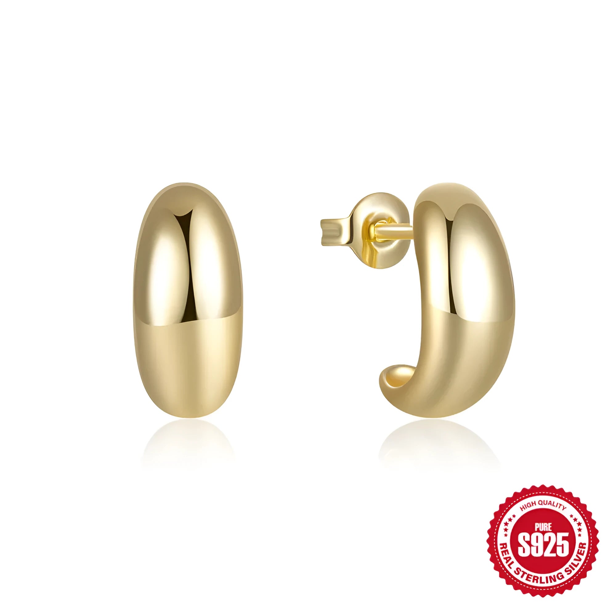 Sterling silver C-shaped geometric stud earrings with gold electroplated finish