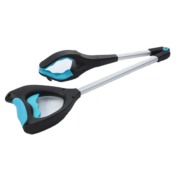 Blue telescopic folding walking stick shown extended and collapsed to 13cm, with TPR handle.