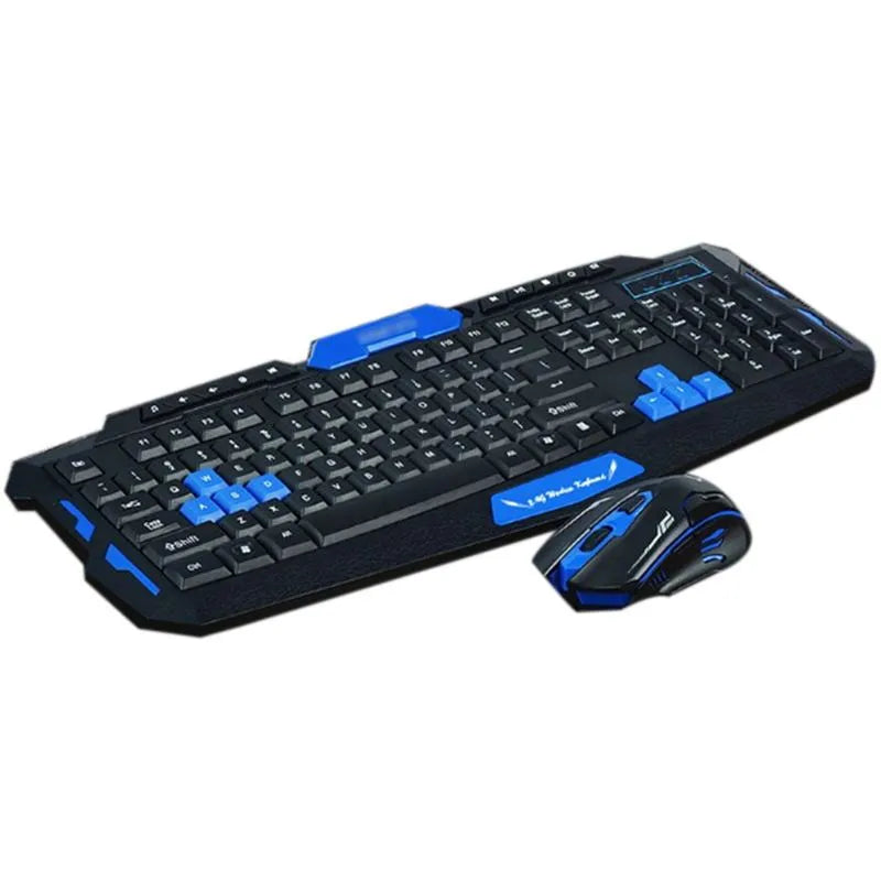 Black and blue wireless keyboard and mouse set on a desk showing ergonomic design.