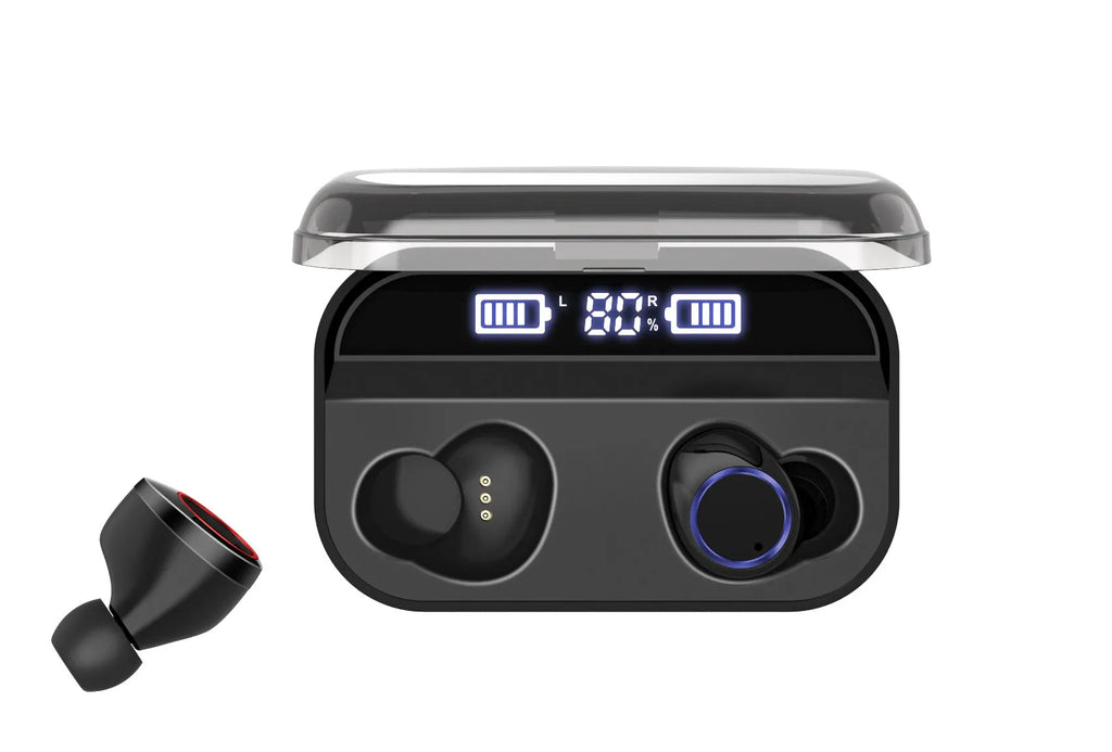 X11 Bluetooth wireless earphones in black with charging case and earpiece sleeves