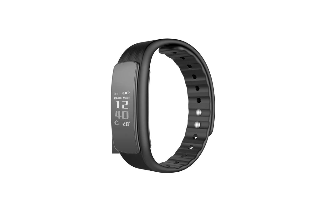 I6 smart sports bracelet with 0.96 inch touch screen showing black TPU wristband and PC body