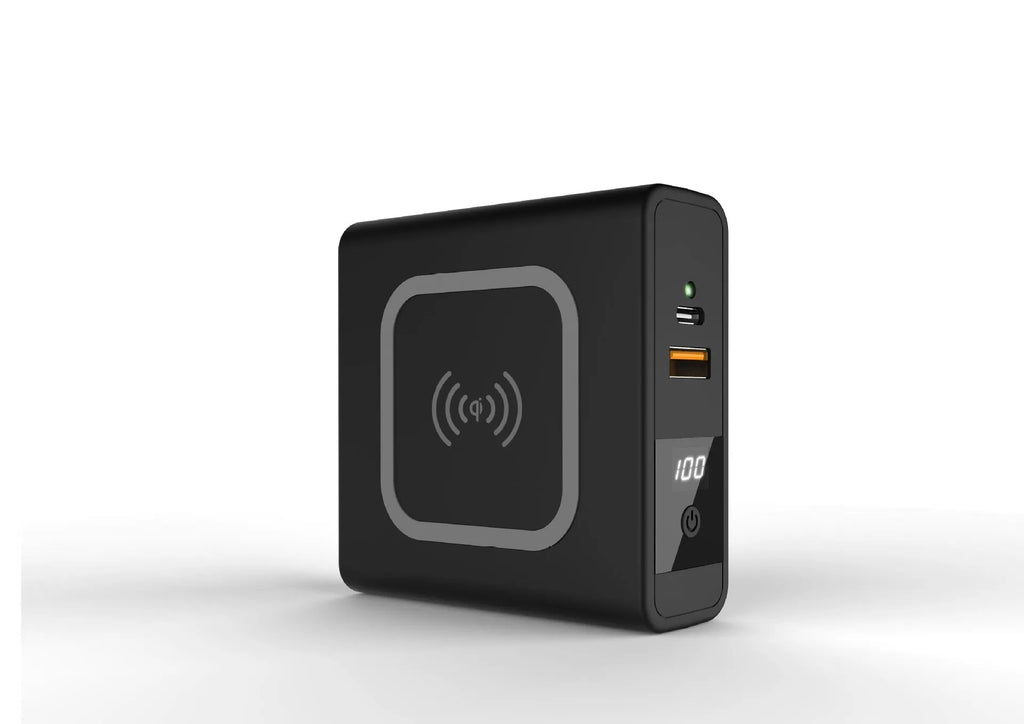 Super QI Wireless Power Bank 10000mAh with built-in plug showing black and white options