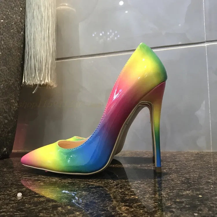 Rainbow colour patent leather women's pointed toe high heels with thin stiletto heel
