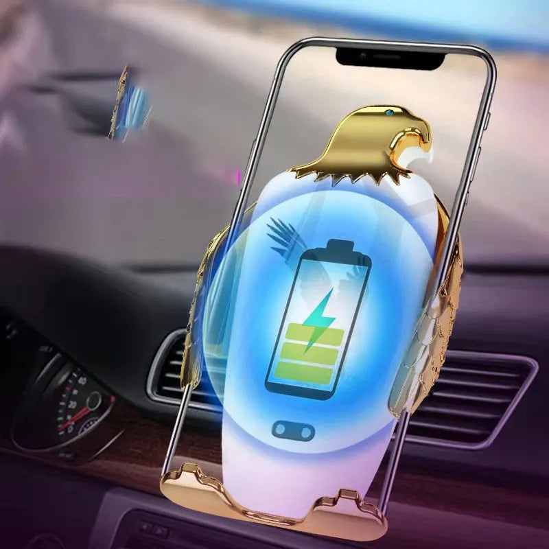 Wireless charging car phone holder in Eagle style with suction cup mount.