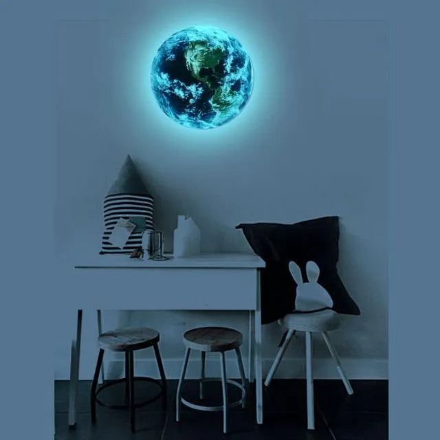 Glow in the dark 3D Earth wall sticker showing luminous planetary design on wall surface