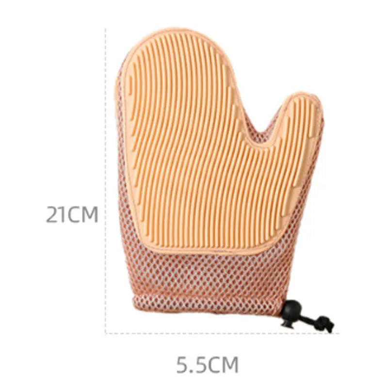 Pet hair removal glove with TPR nubs on mesh fabric, shown in dark blue, for grooming cats and dogs.